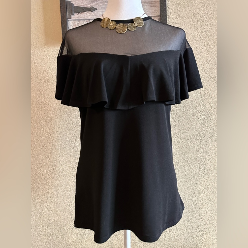 Sweet Rain Women’s Black Mesh Blouse with Ruffle - Size XL